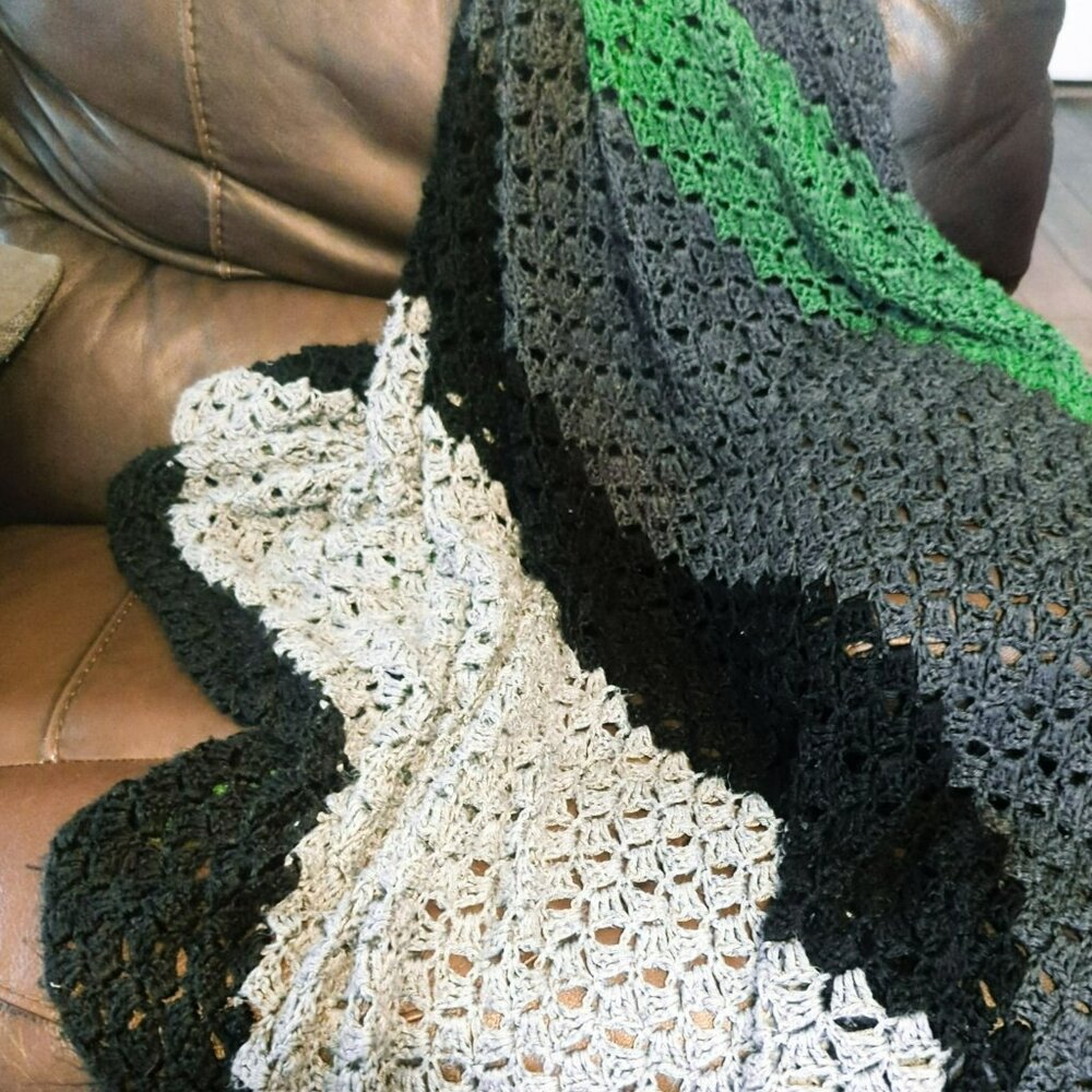 Handmade Crochet Afghan Throw Blanket Openwork Green/Gray/Black 57x85 Inches